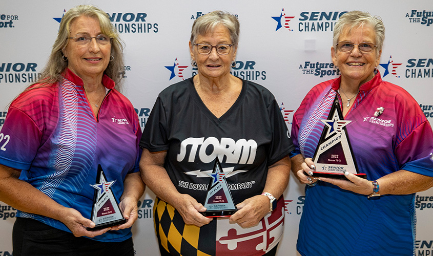 Susan Axtell, Beverly Cronin and Linda Lewis at 2022 USBC Senior Championships