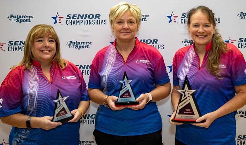 Tracy Mooney, Mary Berkenstock and Kris Kunkel at 2022 USBC Senior Championships