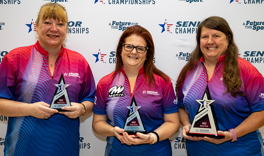 Lynn Zagorski, Nikki Stiteler and Dawn Trodler at 2022 USBC Senior Championships