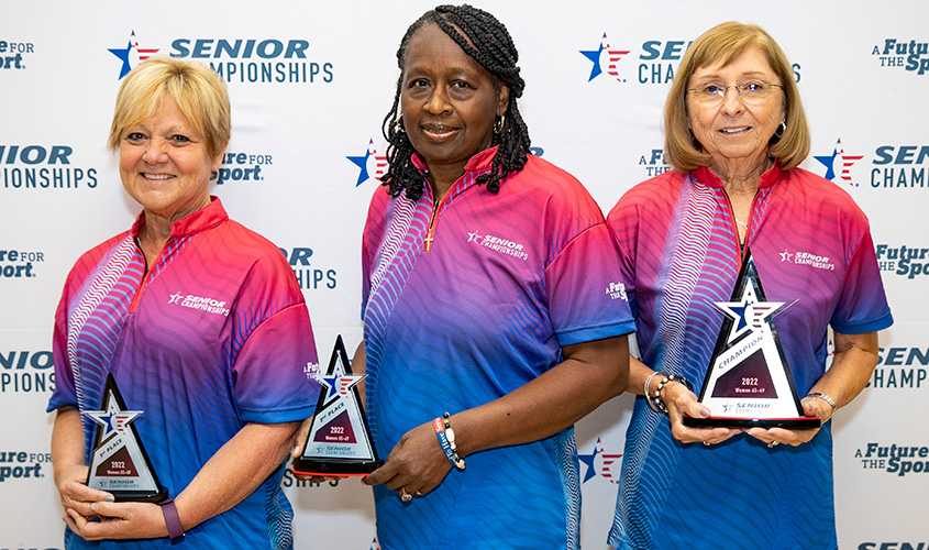 Vicki Howe, Wilma McPherson and Shirley Arnett at 2022 USBC Senior Championships