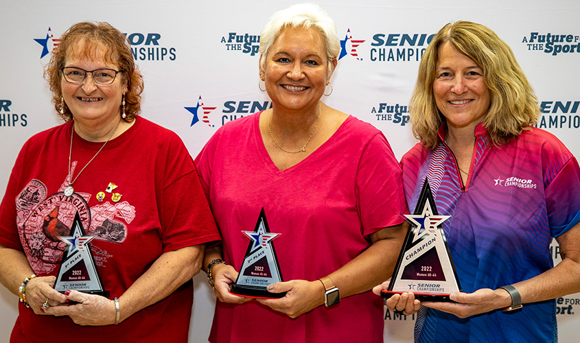 Karen Campbell, Debra Pahdocony and Susan Polis at 2022 USBC Senior Championships