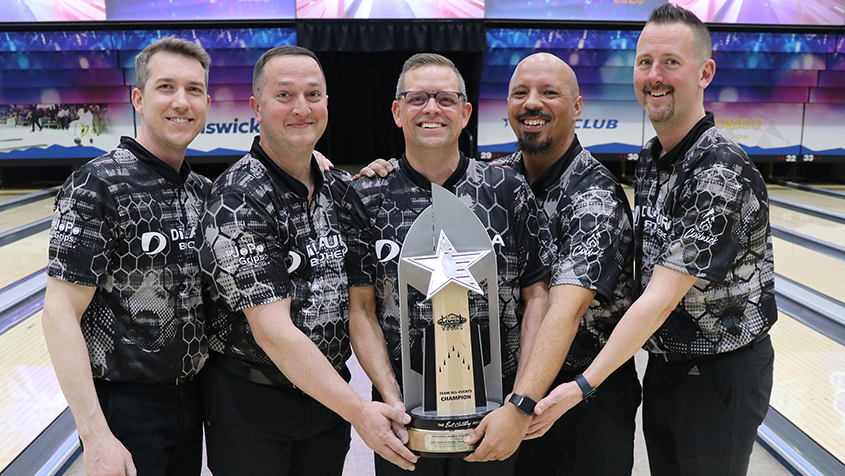 The members of DiLaura Brothers 1 with the Earl Anthony Trophy at the 2023 USBC Open Championships