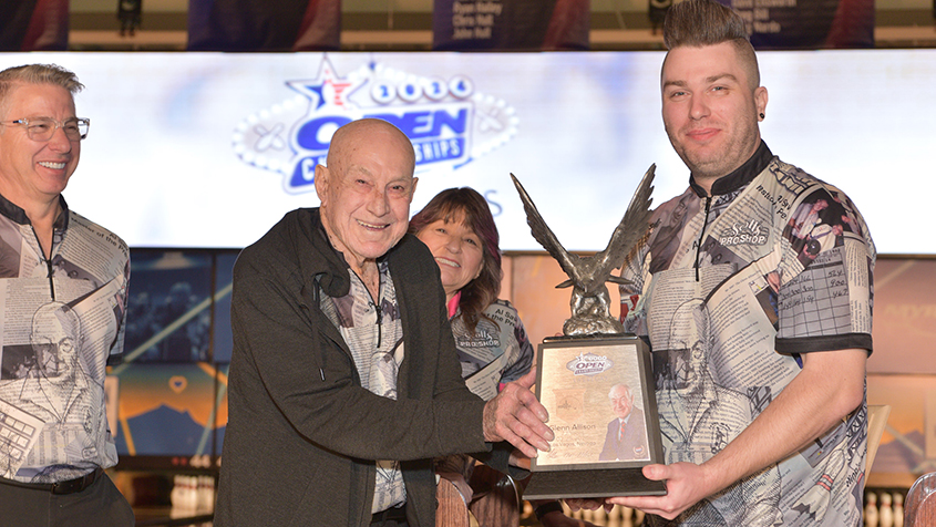 Glenn Allison and Glenn Allison II hold the custom trophy for 72 years at the USBC Open Championships