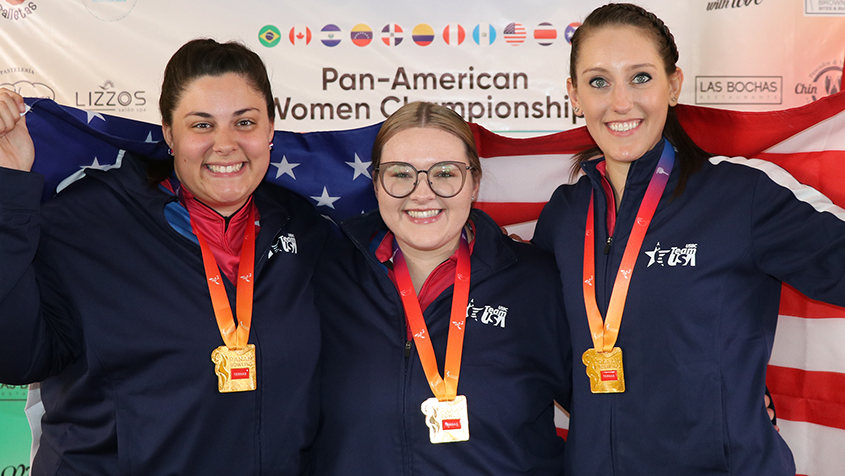 Jordan Richard, Breanna Clemmer and Danielle McEwan with flag at 2022 PANAM Bowling Women&#39;s Championships