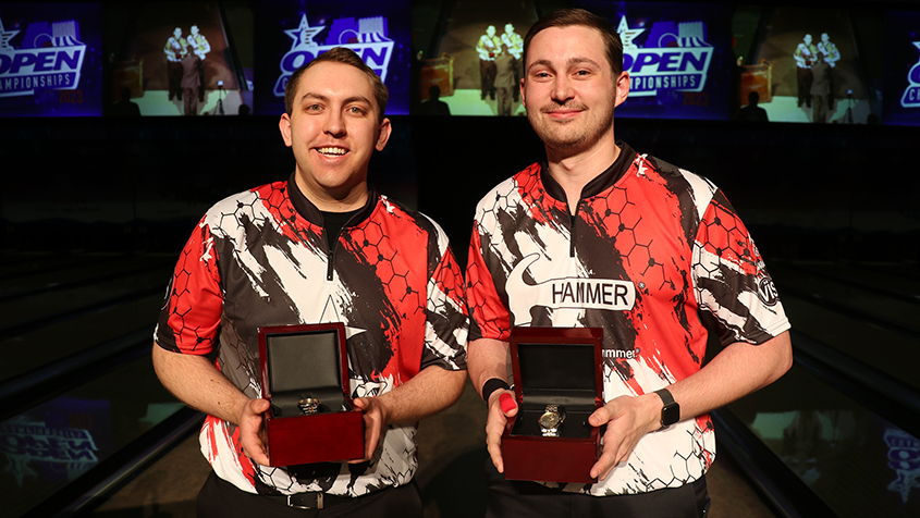 Kyle Krol and Kyle Damon with their championship watches at the 2023 USBC Open Championships