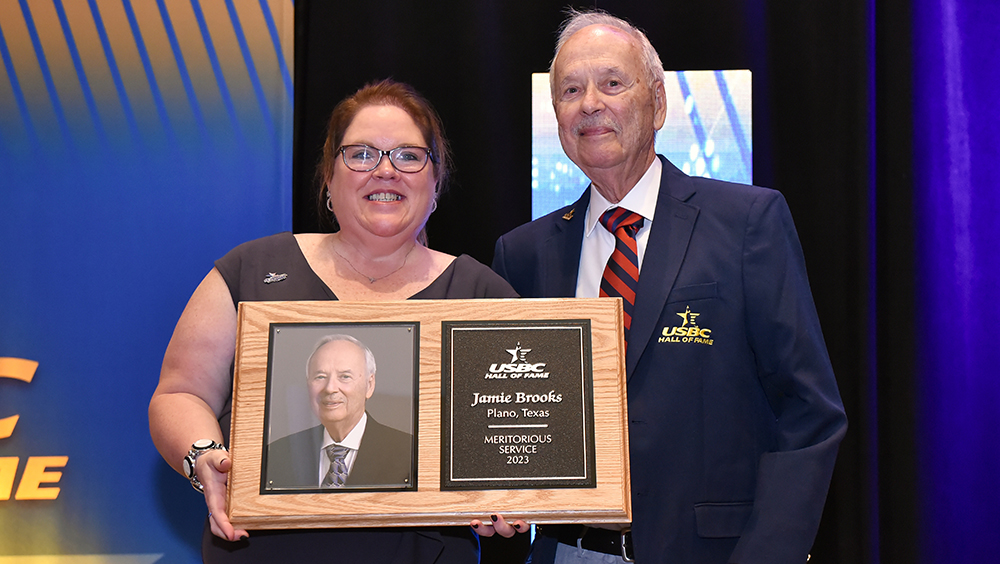 Jamie Brooks at the 2023 USBC Hall of Fame Ceremony with past USBC President Melissa McDaniel Jamie Brooks at the 2023 USBC Hall of Fame Ceremony with past USBC President Melissa McDaniel