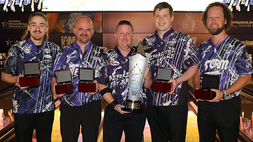 The members of Before the 1st Frame 1 with the Joe Norris trophy at the 2022 USBC Open Championships