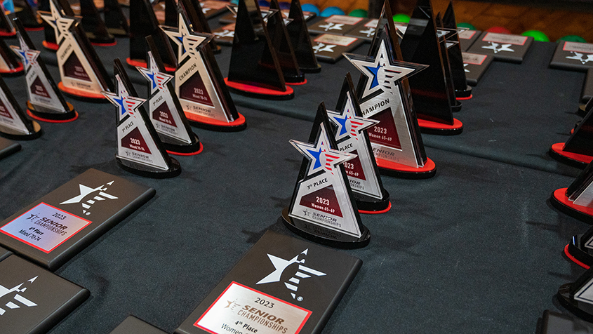 Trophies from the 2023 USBC Senior Championships