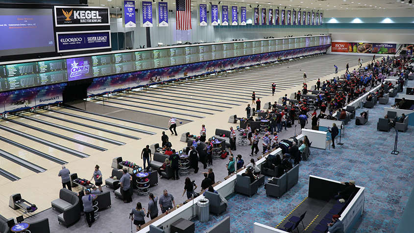 Bowlers competing at the 2023 USBC Open Championships at the National Bowling Stadium in Reno, Nevada