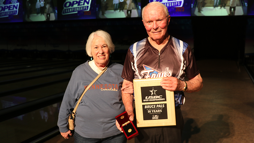 Bruce Pals and his wife, Charli, celebrate his 50th appearance at the USBC Open Championships