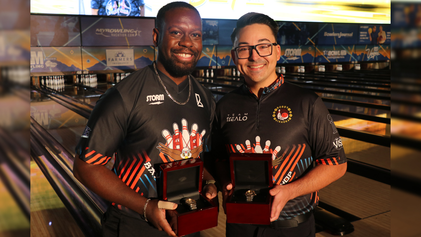 DeeRonn Booker and Mark Curtis Jr. receive their championship watches at the 2024 USBC Open Championships