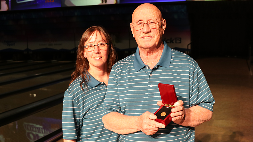 Butch Shinkel celebrates 50 years at the USBC Open Championships with his daughter, Molly Gang